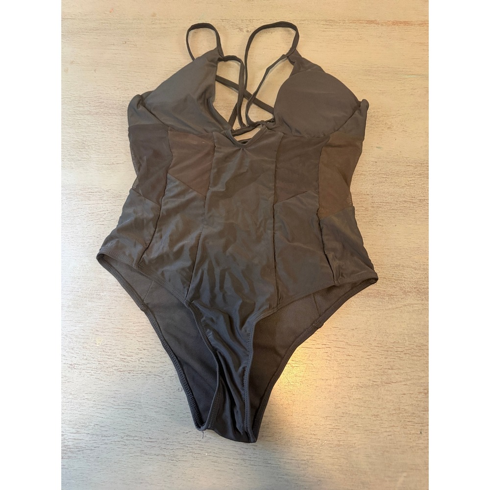 Matte Collection Black Mesh Panel One Piece Swimsuit Strappy Back XL